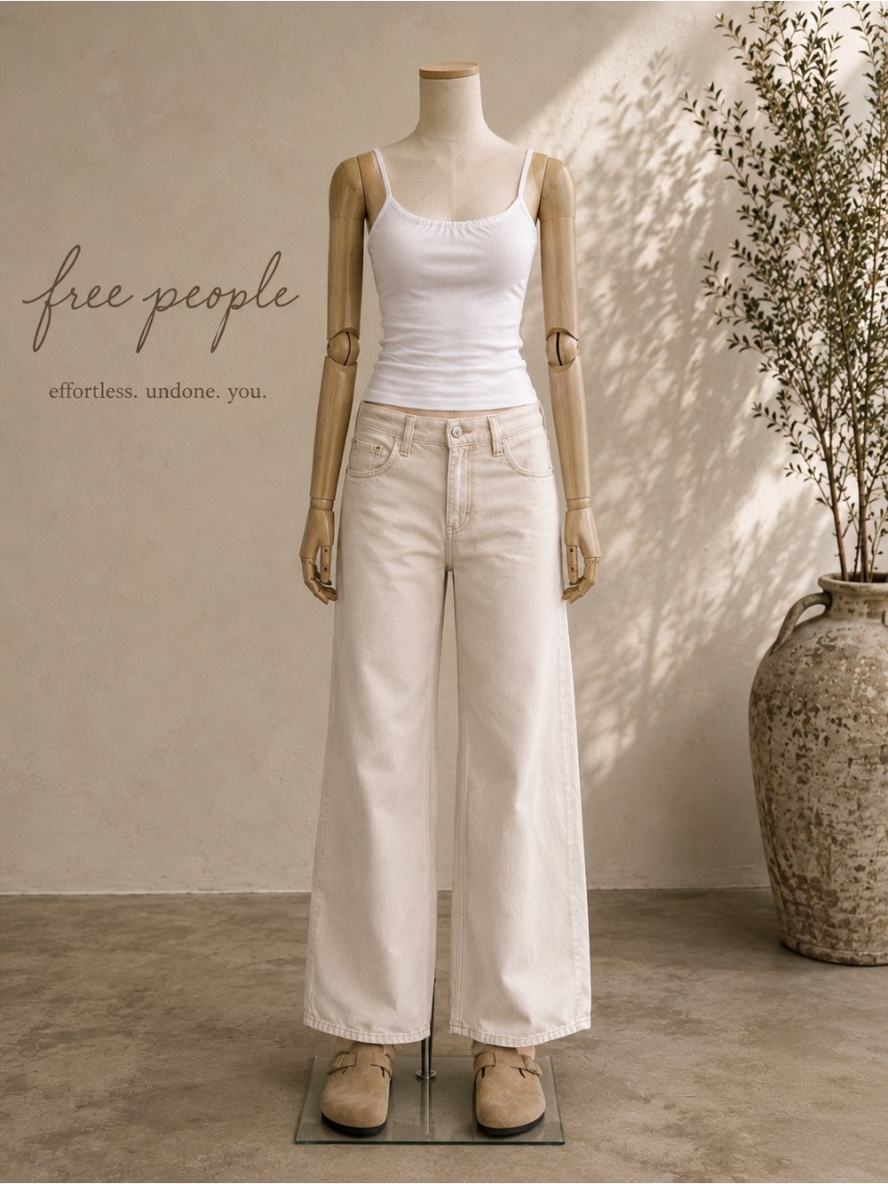Free People Beige Wide-Leg Jeans